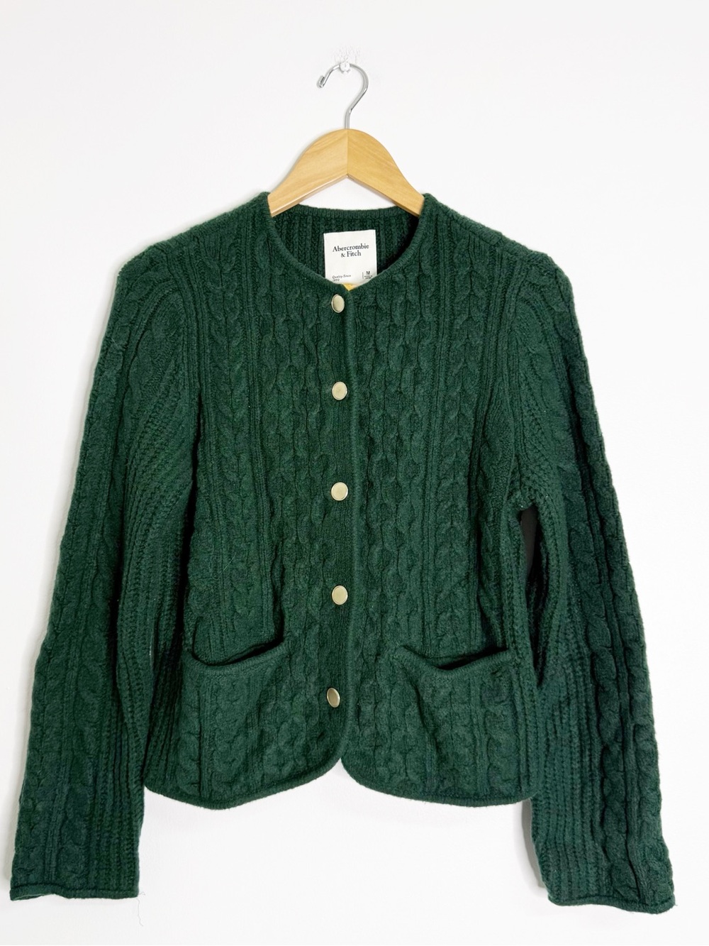 Abercrombie & Fitch Green Cable Knit Cardigan Gold Buttons Size M